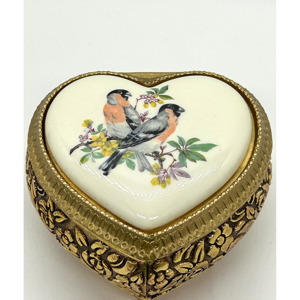 Vintage Mele Heart Jewelry Box Gold Tone Floral Birds Bunting Made in Japan